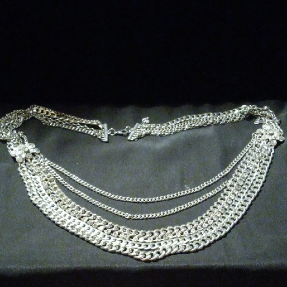 Elegant multi layered Silver Chain Necklace with multi Faceted crystals